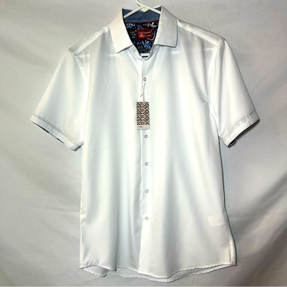Men’s stylish white short sleeve dress shirt by Consequence - size S (NWT)
